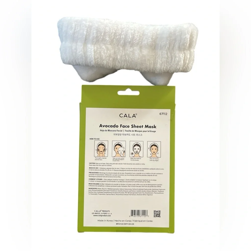 CALA Avocado Revitalizing Face Sheet Mask & White Plush Headband